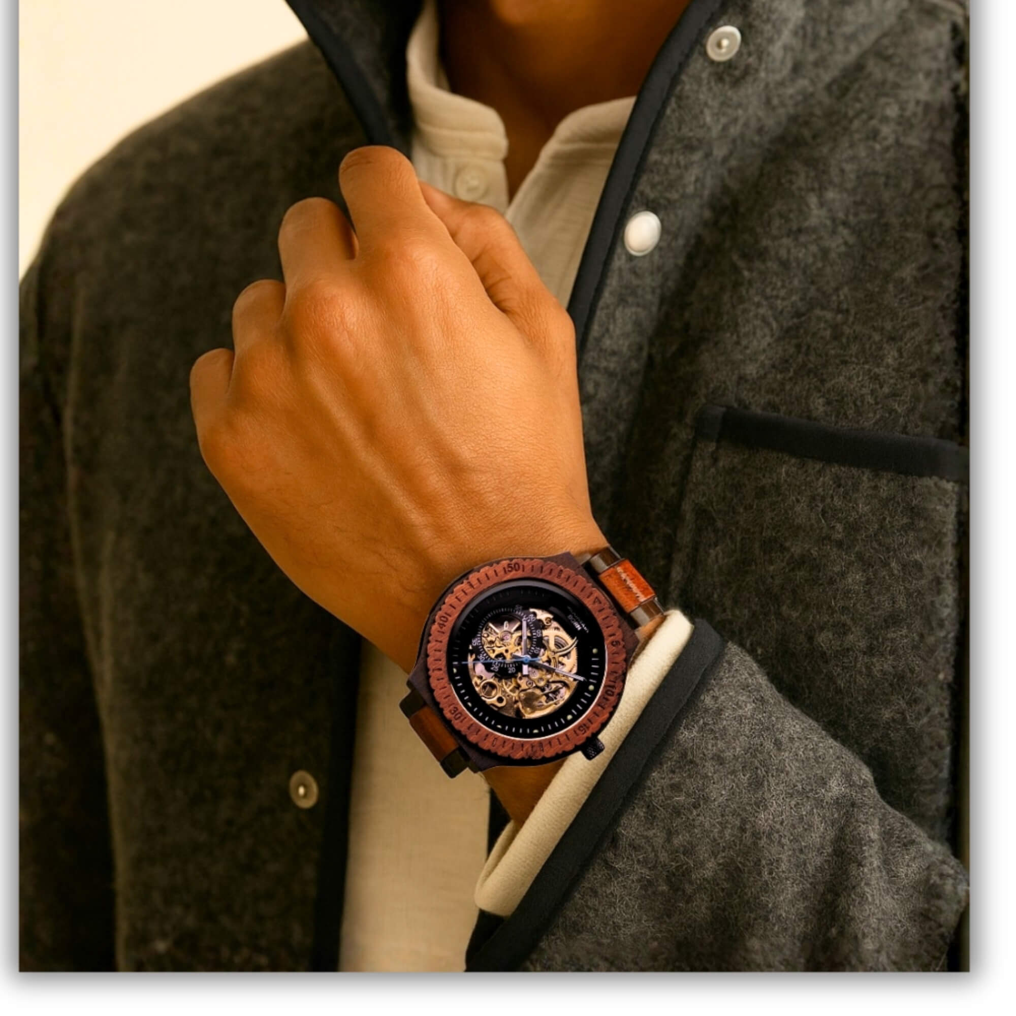Men's Wooden Skeleton Automatic Mechanical Wristwatch – Brown Sandalwood Band – 46mm – Casual Gift