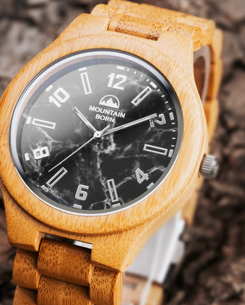 Mountain Born Personalized Bamboo Wood Watch For Men, Black Marble Dial