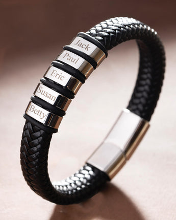 Silver Name Plates Leather Woven Bracelet